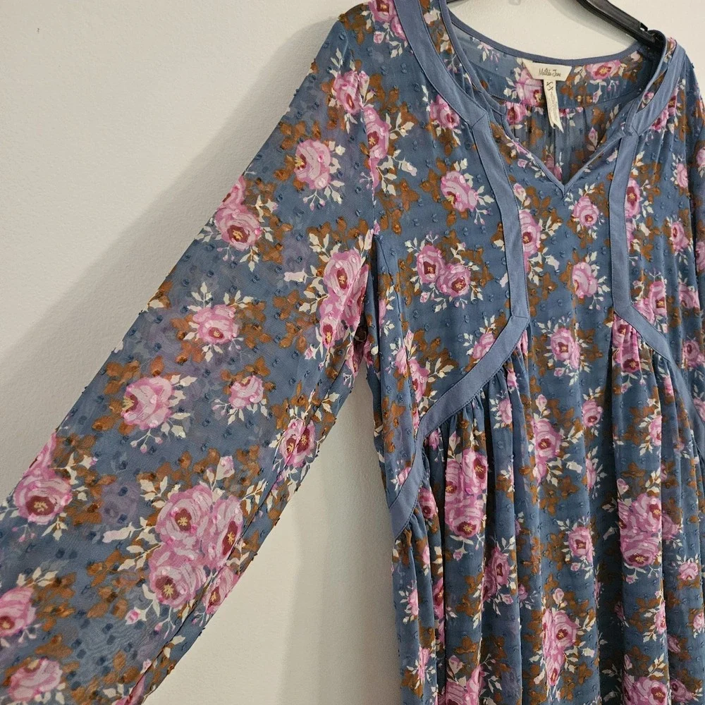 Matilda Jane Floral Flutter Twirl Dress L Women Balloon Sleeve Swiss Dot Midi Bl - Picture 4 of 11
